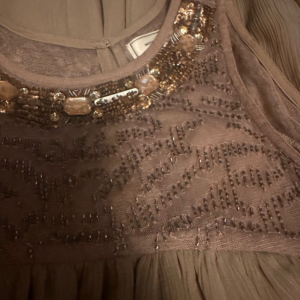 Moulinette Soeurs Anthropologie Dress Beaded Sequins Rhinestones Size 6P Taupe - Picture 5 of 8